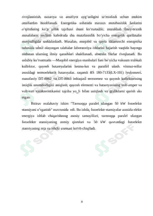 LOKAL TARMOQGA PARALEL ULANGAN 50 KW QUVVATDAGI QUYOSH FOTOELEKTRIK STANSYASINI O’RGANISH 8
