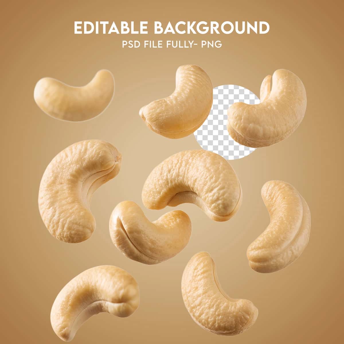 Tahrirlanadigan fonga ega suzuvchi kaju yong'oqlari | Floating cashew nuts with editable background 1