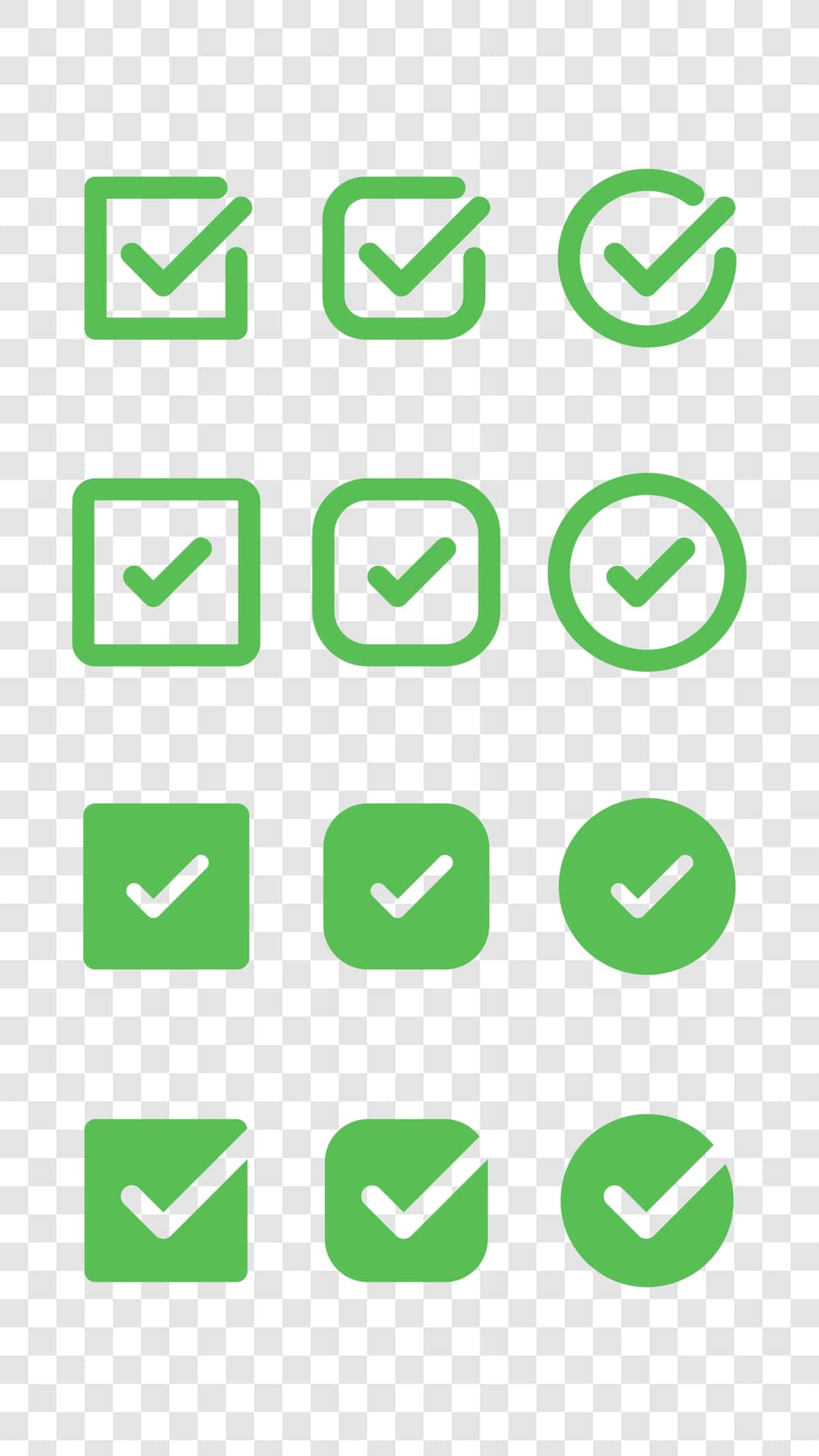 Yashil tasdiq belgisi piktogrammalarini turli shakllar yashil tasdiq belgilarini kvadratga o'rnating | Set green checkmark icons various shapes green checkmarks square 1