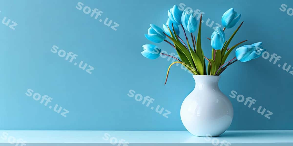 Ko'k lola oq vaza ko'k orqa fon | Blue tulips white vase blue background 1