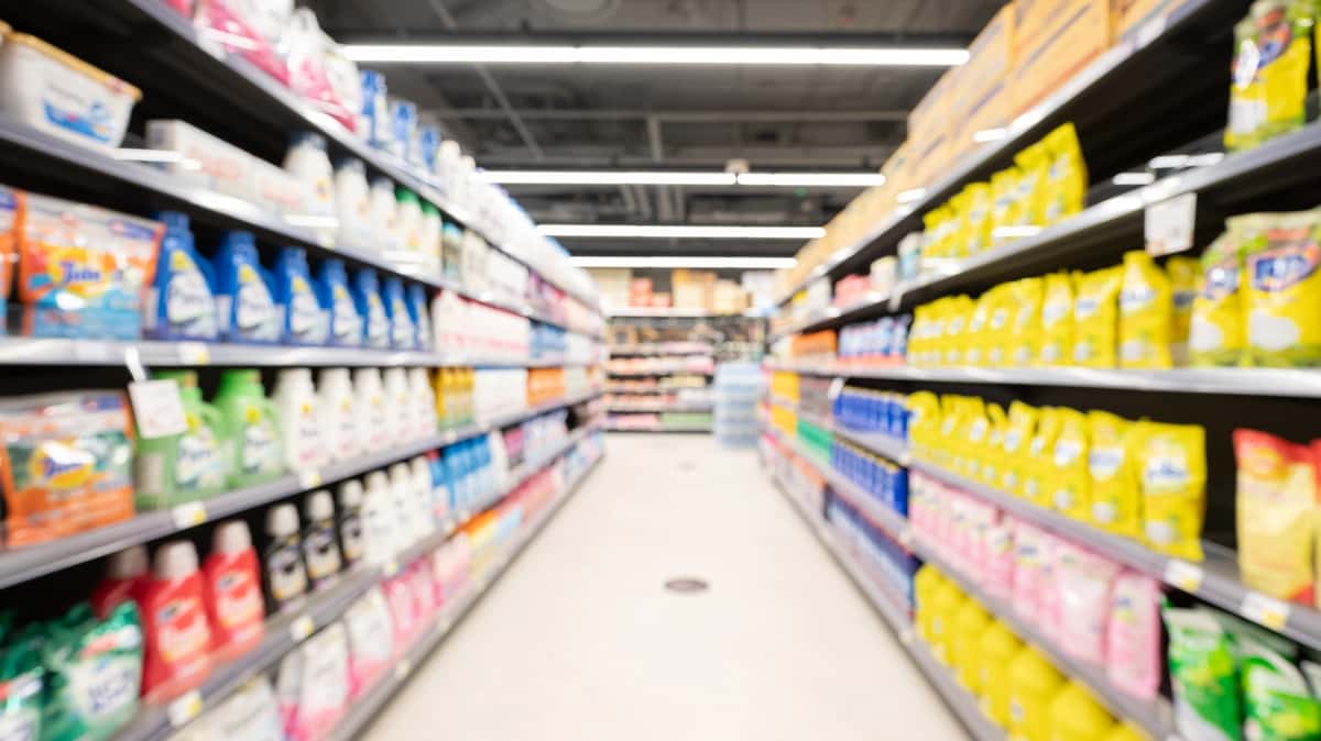 Supermarket yo'laklaridagi loyqa javonlar | Blurry supermarket aisle shelves 1