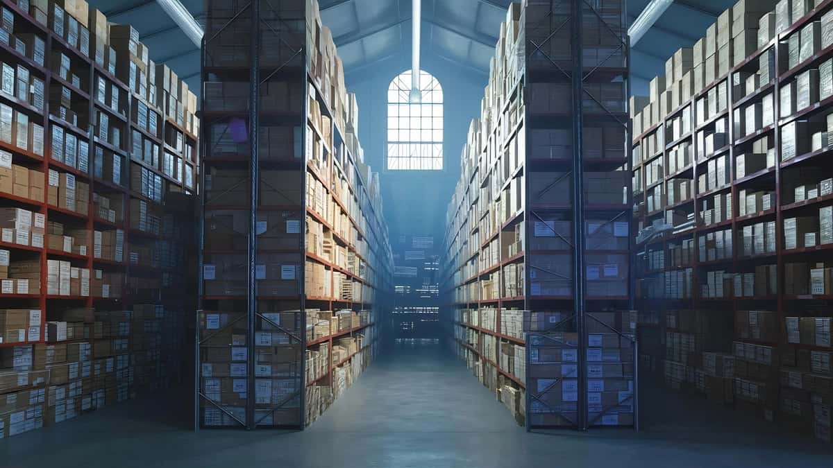 Qutilar javonlar omborida saqlanadi | Boxes kept shelves warehouse 1