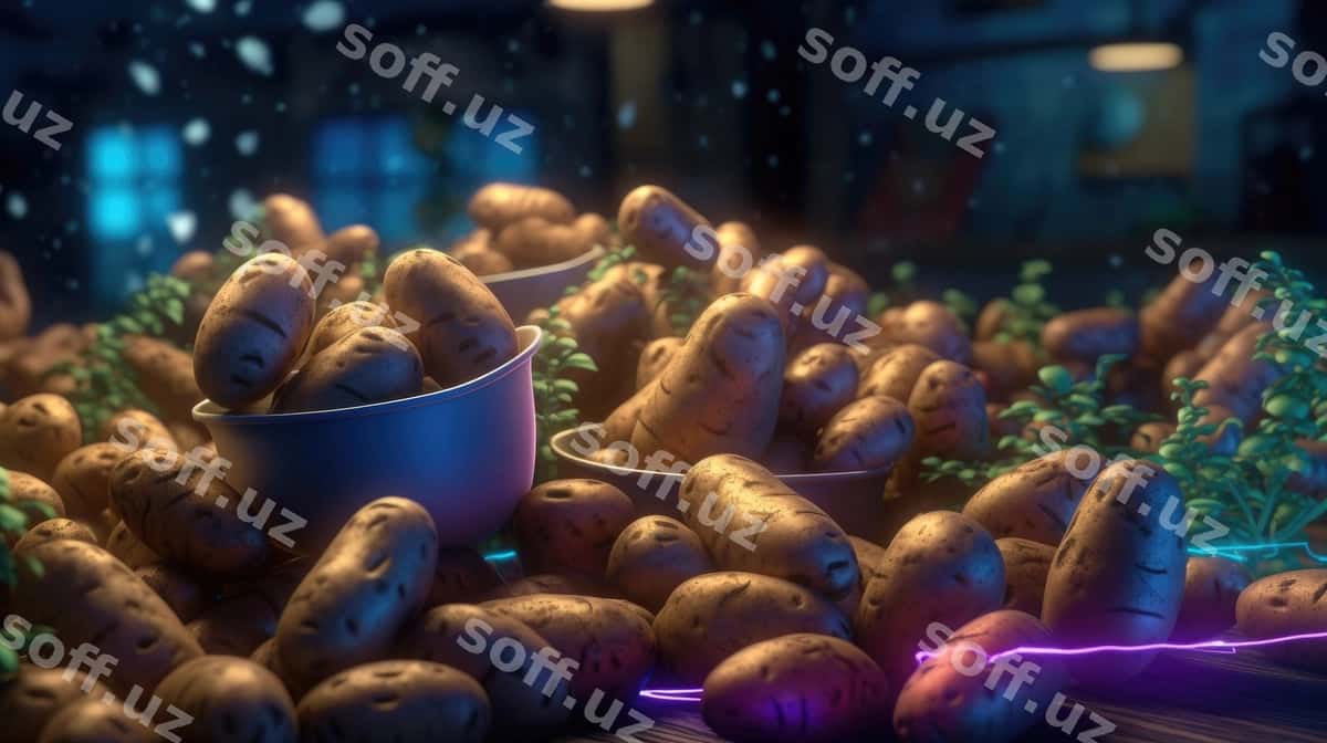 Potetlarning bir guruhida purpurni chiroqka ega. | Bunch potatoes with purple light them 1