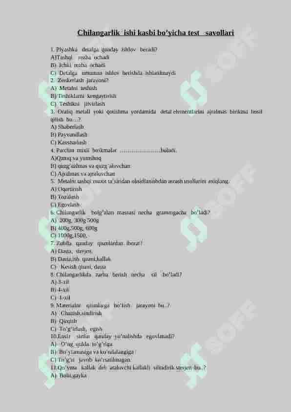 chilangarlik ishlari fanidan test 3