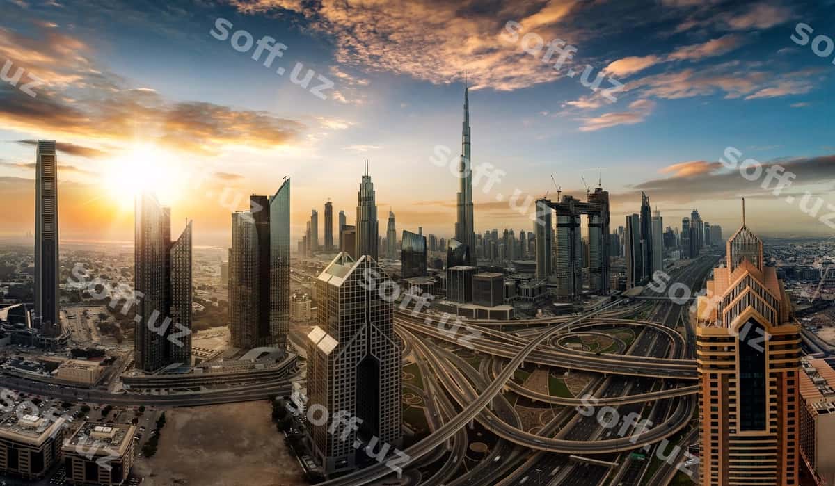 Quyosh botayotgan osmon fonidagi shahar manzarasi | Cityscape against sky sunset 1