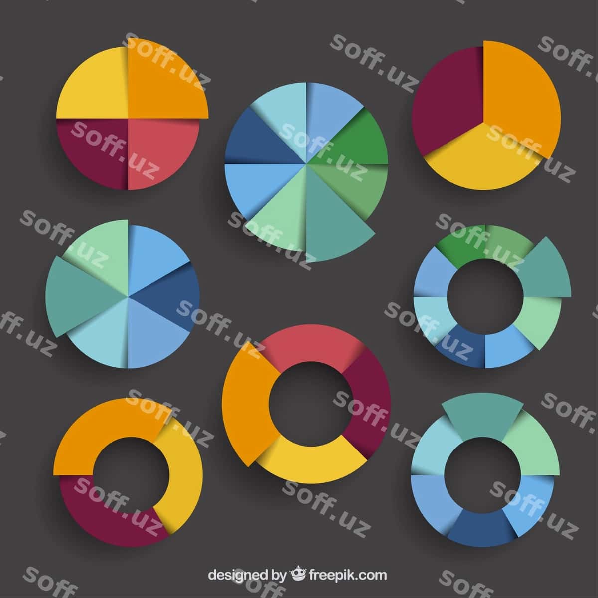 Rangli doiraviy diagrammalar to'plami | Colorful pie charts collection 1