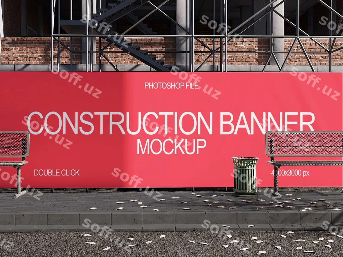 Qurilish baneri namunasi shahar yo'ri | Construction banner mockup urban sidewalk 1