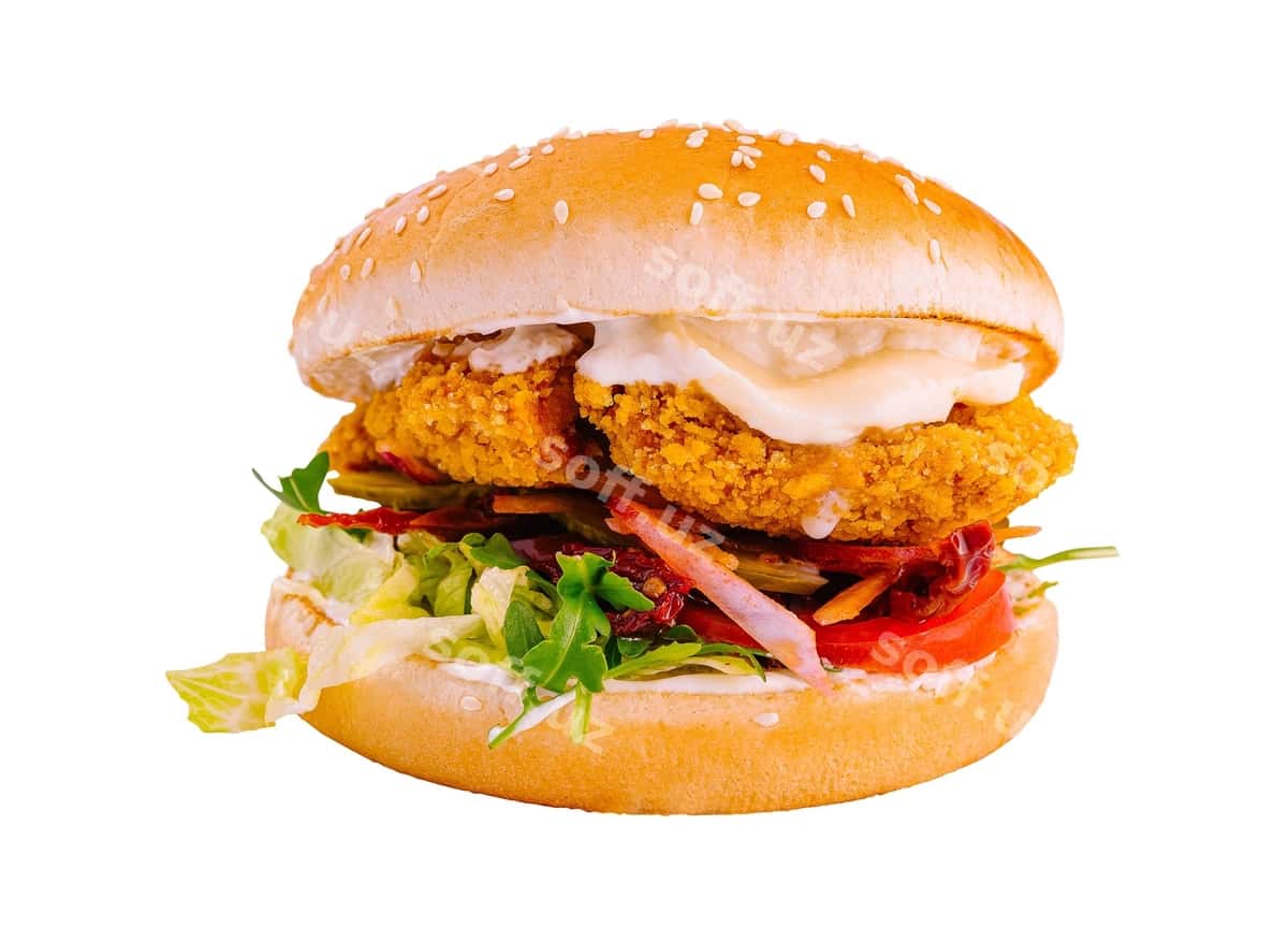 Qurqat tovuq burgeri ajraltirilgan oq | Crispy chicken burger isolated white 1