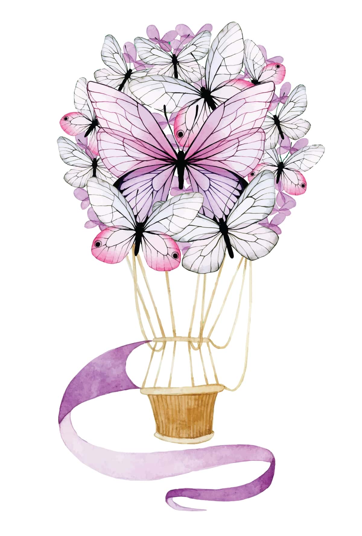 Nafis muloyim kapalaklar gullari bilan akvarel chizilgan shar | Watercolor drawing balloon with flowers butterflies delicate gentle 1