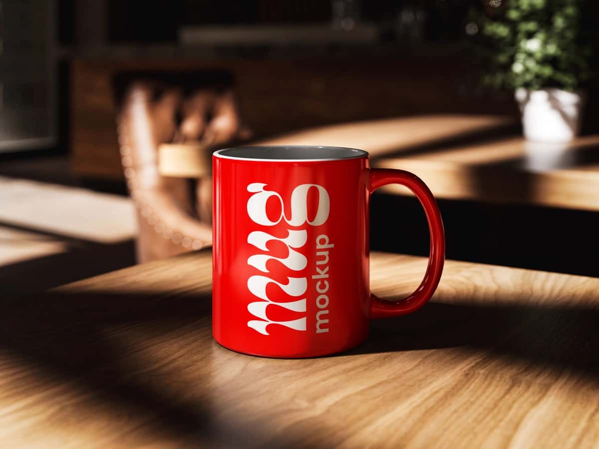 Haqiqiy qizil qahva kupasi maketi kafe sozlamalari | Realistic red coffee mug mockup cafe setting 1