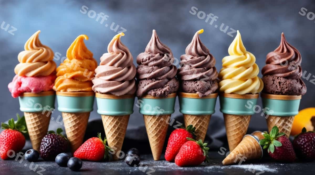 Mishar muz qatig'li konlarining ko'rinishi | Delicious ice cream cones array 1