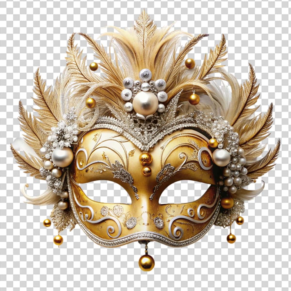 Shaffof fonda qizil oltin bezakli oltin niqob | Golden mask with red gold decorations top it transparent background 1