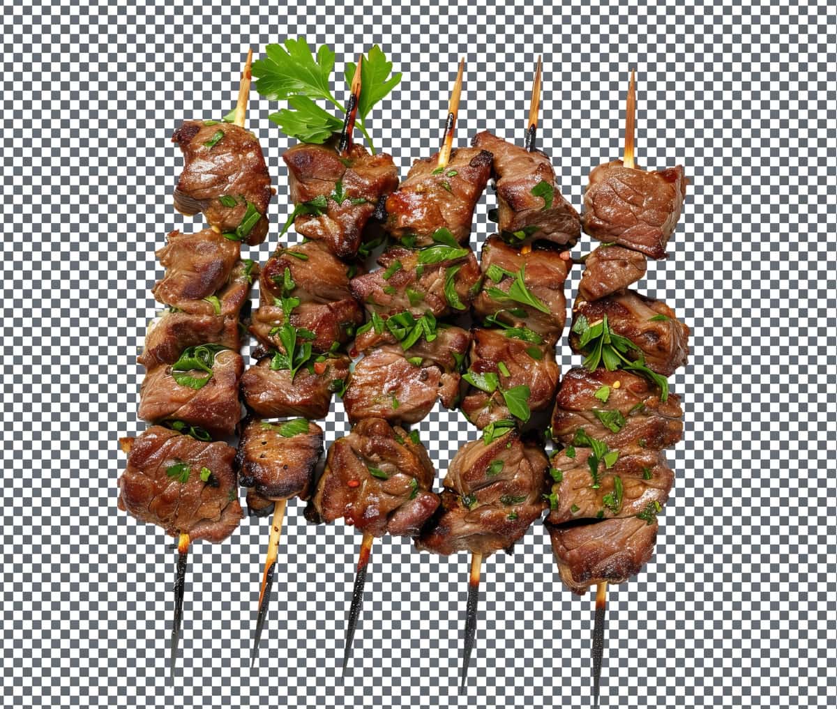 Achchiq mol go'shti shishi izolyatsiya qilingan shaffof fon | Spicy beef skewers isolated transparent background 1