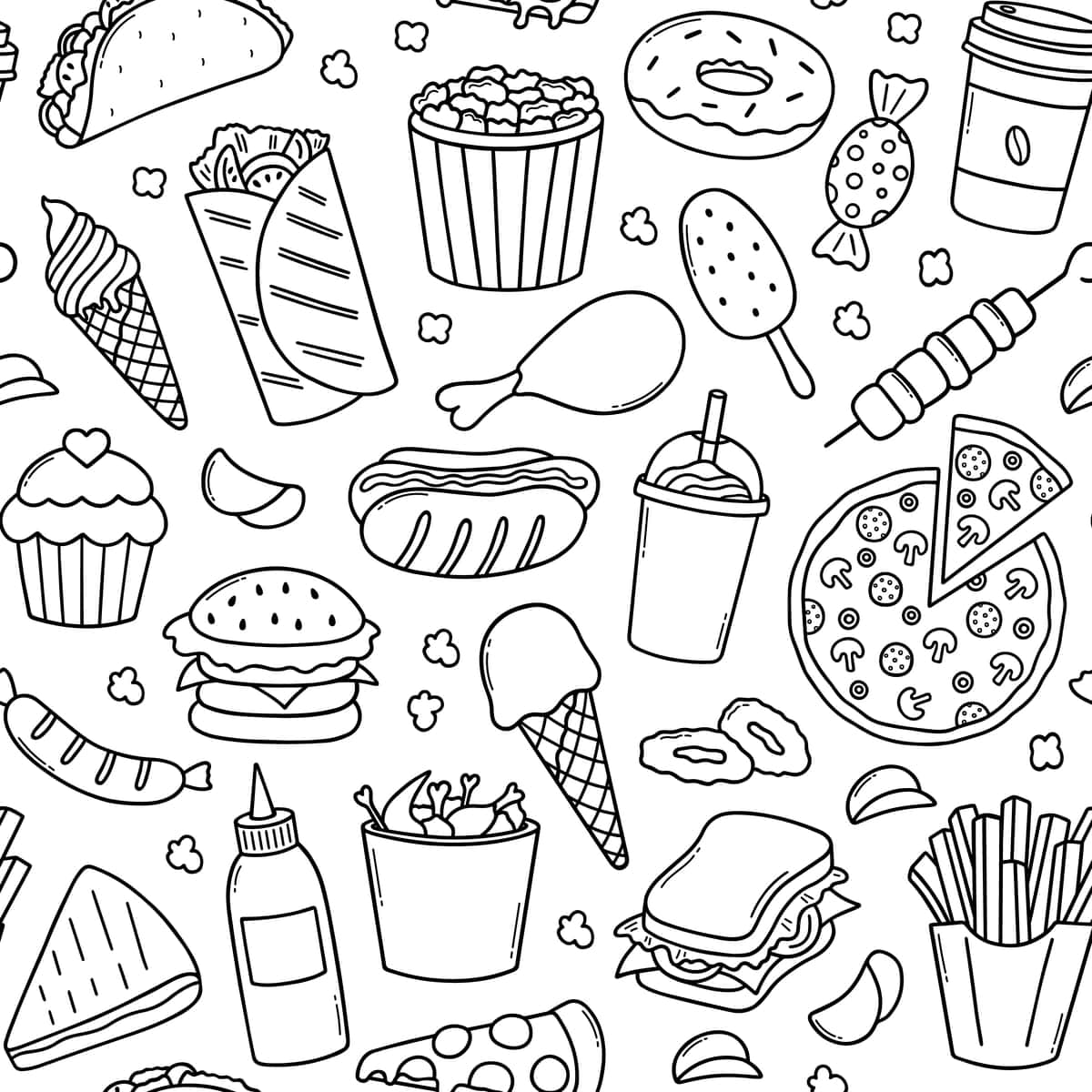 Choksiz naqshli tez tayyorlanadigan doodle to'plami gamburgerli muzqaymoqli sendvich | Seamless pattern fast food doodle set hamburger ice cream sandwich 1