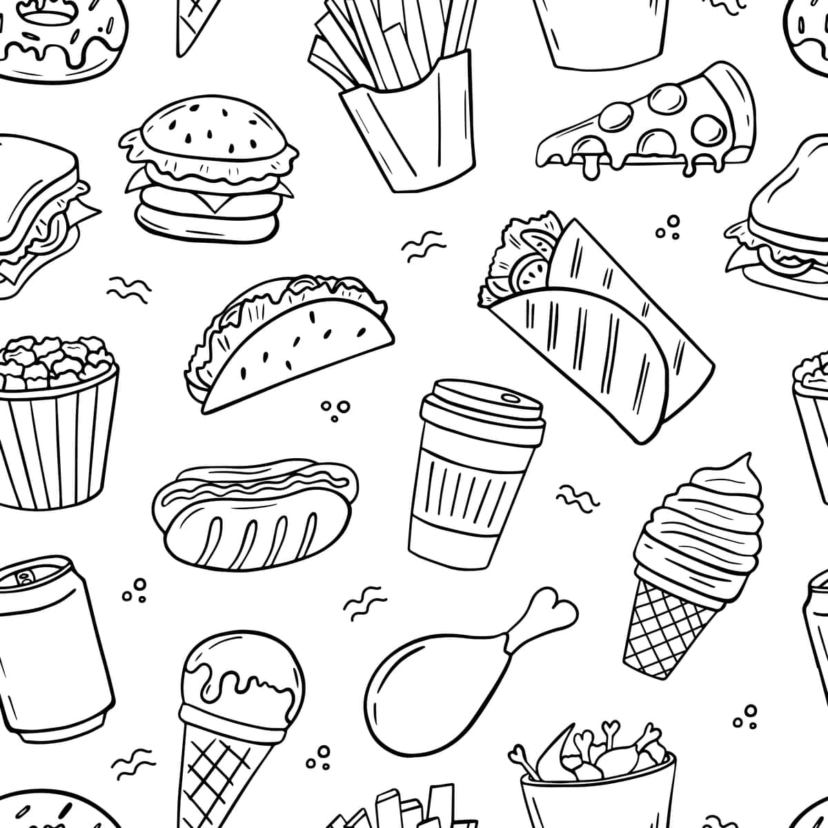 Qo'lda chizilgan choksiz naqshli tez ovqat doodle | Hand drawn seamless pattern fast food doodle 1