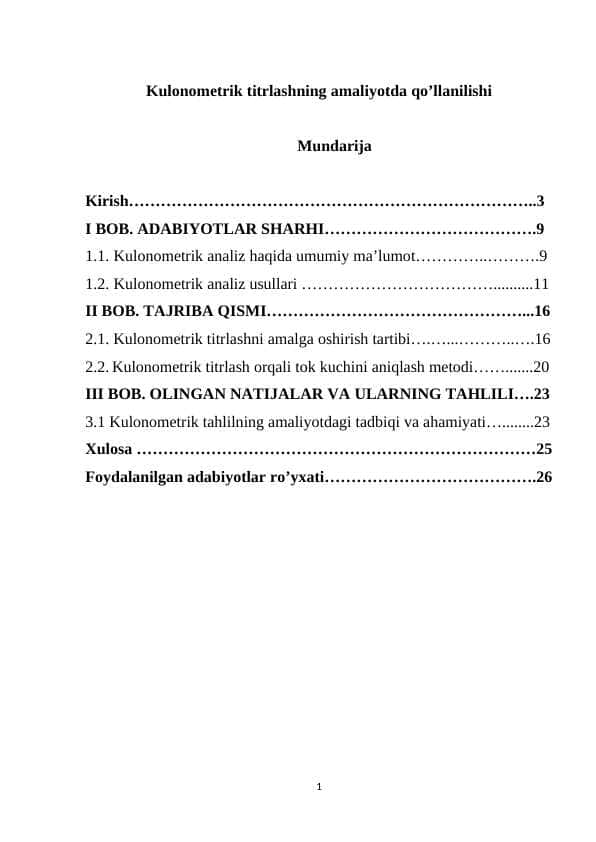 Kulonometrik titrlashning amaliyotda qo’llanilishi kurs ishi