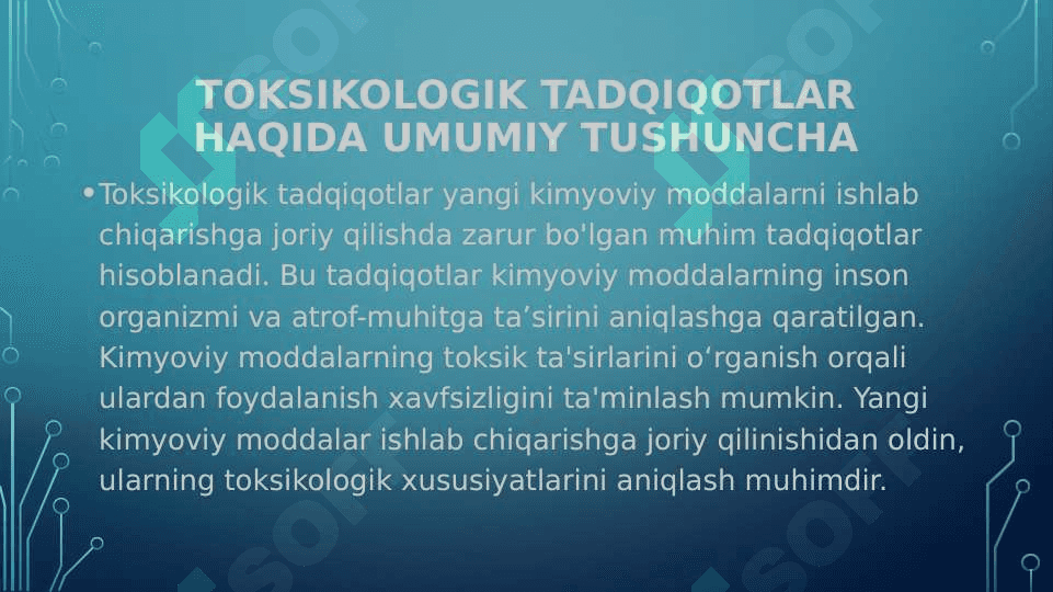 ISHLAB CHIQARISHDA YANGI KIMYOVIY MODDALARNI AMALIYOTGA TADBIQ QILISHDA TOKSIKOLOGIK TADQIQOTLARNI O'TKAZISH 3
