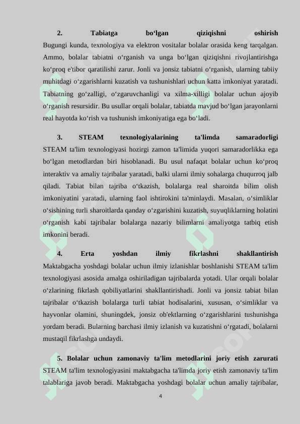 Maktabgacha ta'lim tashkilotida STEAM ta'lim texnologiyasi asosida jonli va jonsiz tabiat bilan tajribalar o‘tkazish usullari (KURS ISHI) 4