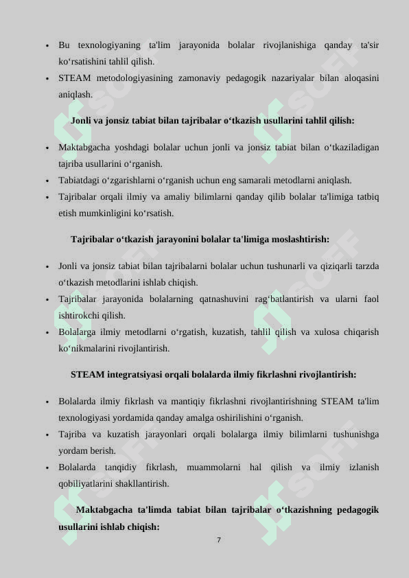 Maktabgacha ta'lim tashkilotida STEAM ta'lim texnologiyasi asosida jonli va jonsiz tabiat bilan tajribalar o‘tkazish usullari (KURS ISHI) 7