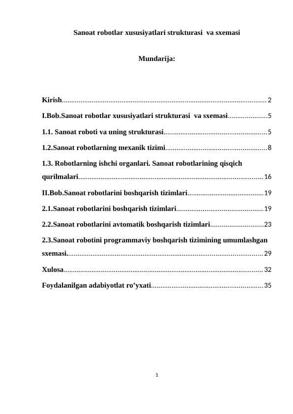 Sanoat robotlar xususiyatlari strukturasi  va sxemasi