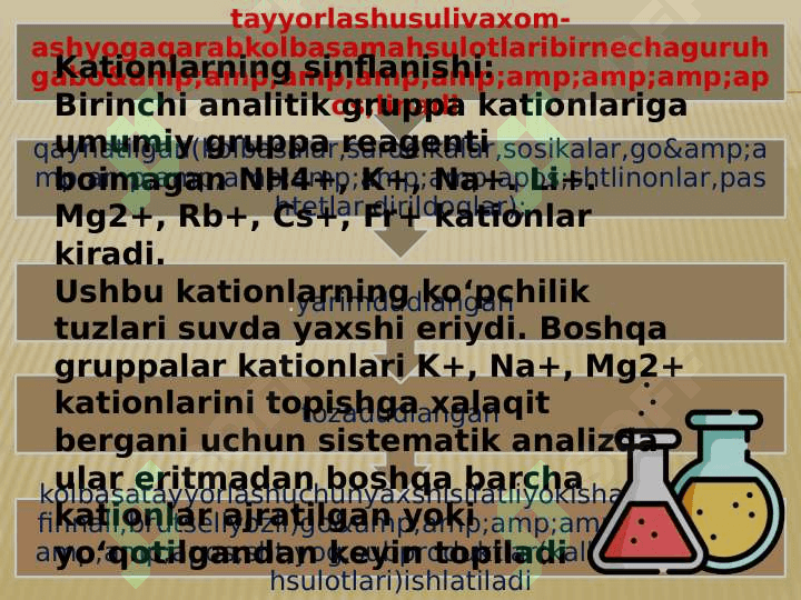Kationlarining analitik guruhlar bòyicha tasniflashva ularni taqqoslash.(vodorod sulfidli,kislota asosli va ammiak-fosfatli tasnifi) 4
