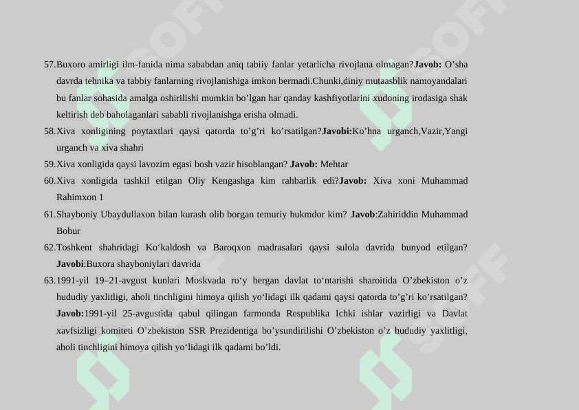 O'zbekistonning emg yangi tarixi fanidan 170talik test 8
