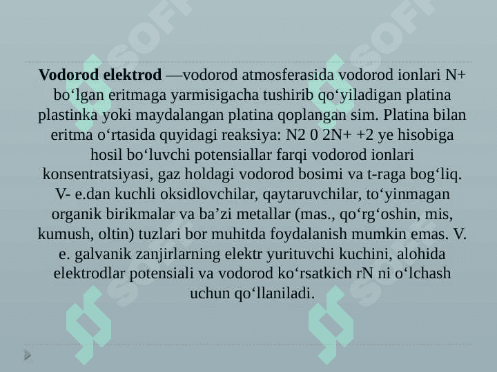VODOROD ELEKTODI, GALVANIK ELEMENTLAR HAQIDA TUSHUNCHA 2