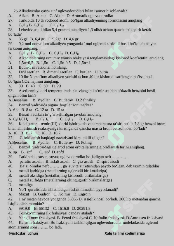 Kimyo. 9-11 sinf test 3