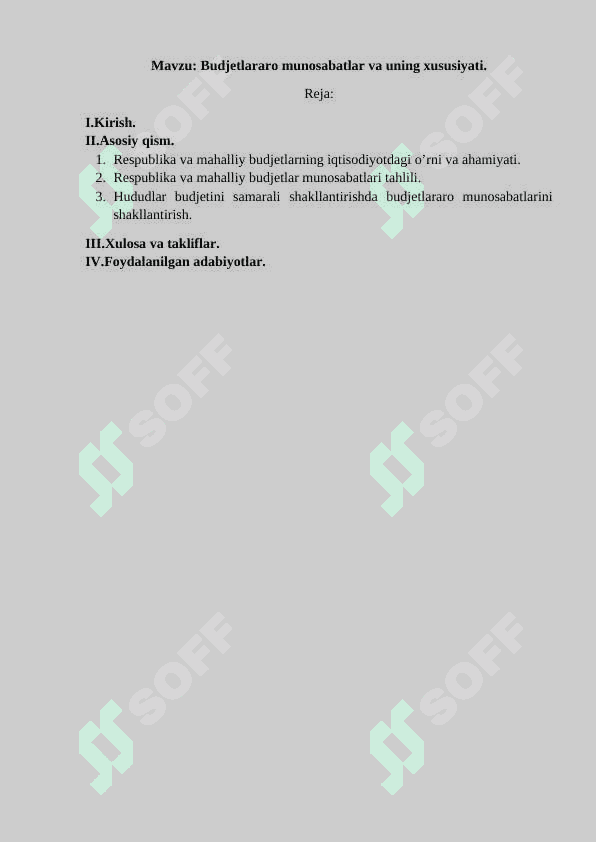 Budjetlararo munosabatlar va uning xususiyati. 2