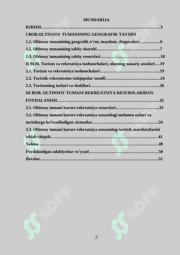 Oltinsoy tumanining rekreatsion resurslaridan turizm maqsadlarida foydalanish 2