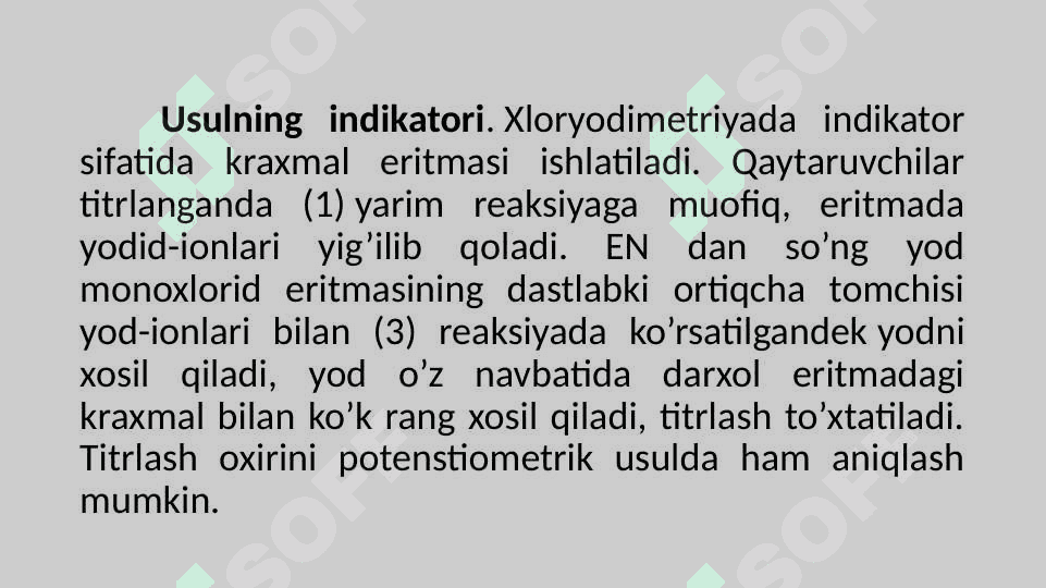 Bromatometriya, xloryodometriya, nitritometriya usullarini qo’llanilishi 8
