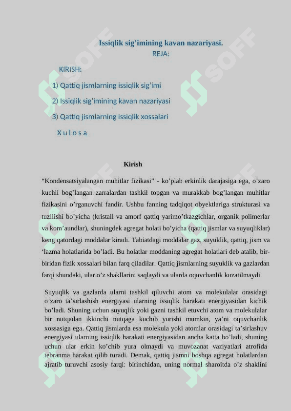 Issiqlik sig’imining kavan nazariyasi. 2