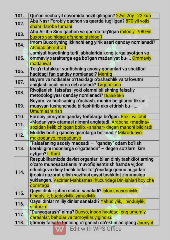 falsafa fanidan yakuniy nazorat testlari javoblari bilan 8
