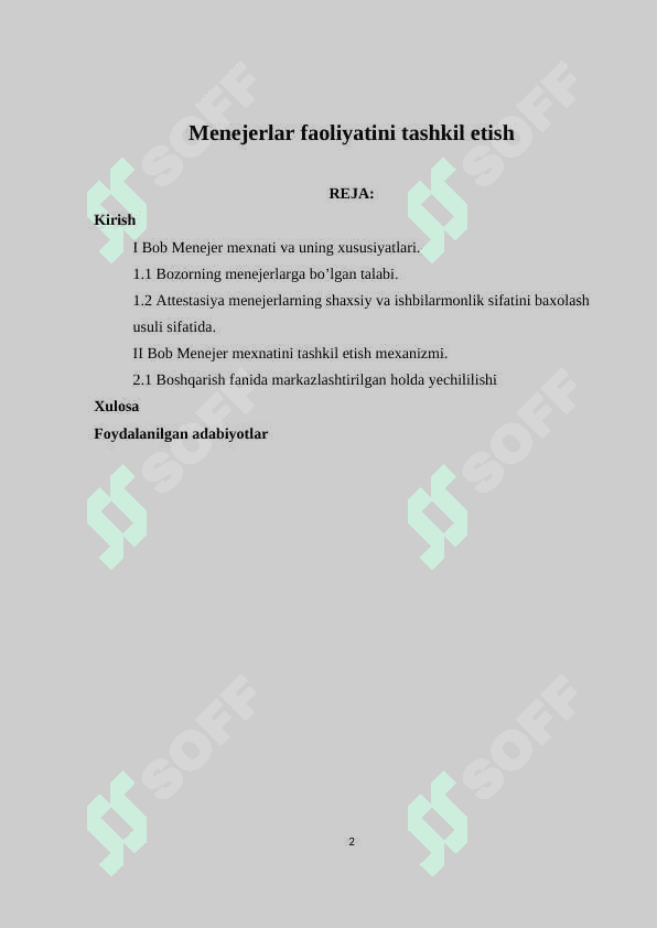 Menejerlar faoliyatini tashkil etish 2