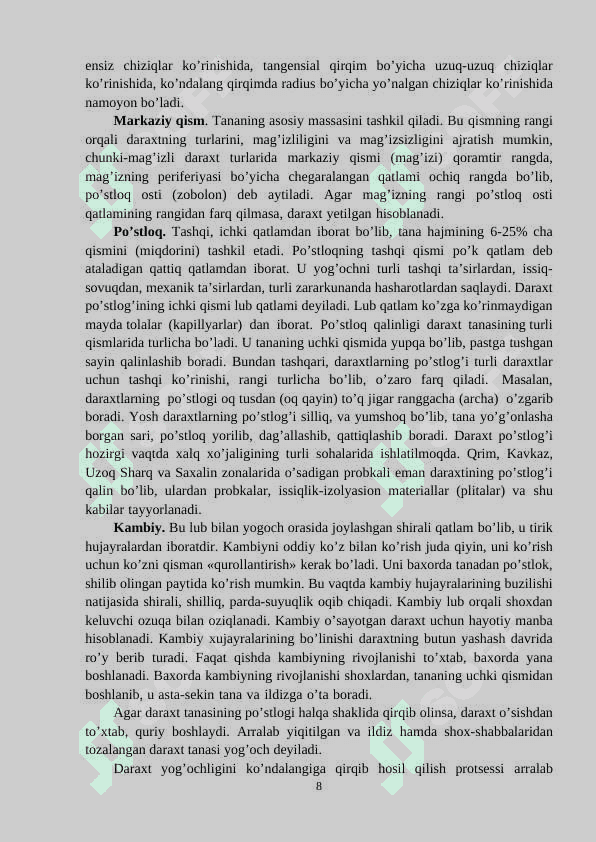 Yog'ochdan tayyorlanadigan buyumlar, mahsulotlarga xom-ashyo tanlash, tayyorlashda yog'och materiallarning xossalari va ishlatilishini o'rganish 8