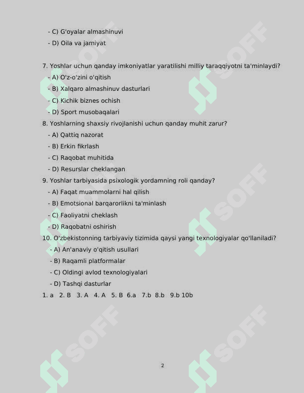 Milliy tarbiya fanidan test 2