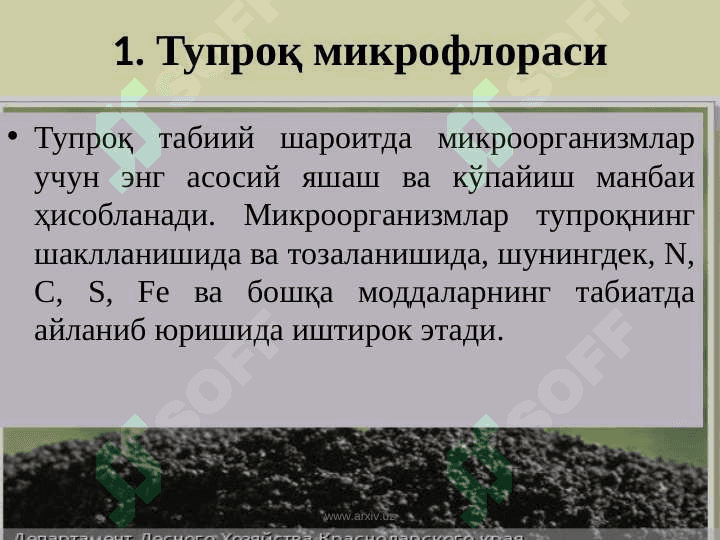 Микроорганизмлар экологияси . Тупрок , сув , хаво микрофлораси . Одам танаси нормал микрофлораси . Дисбактериоз . Mikroorganizmlar ekologiyasi Tuproq Suv Havo mikroflorasi Odam tanasi normal mikroflorasi Disbakterioz 6
