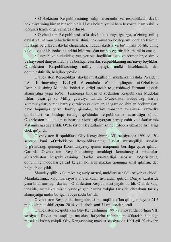 Mustaqil O‘zbekiston Respublikasining tashkil topishi va uning tarixiy ahamiyati. O‘zbekistonning o‘ziga xos istiqlol va taraqqiyot yo‘li 3