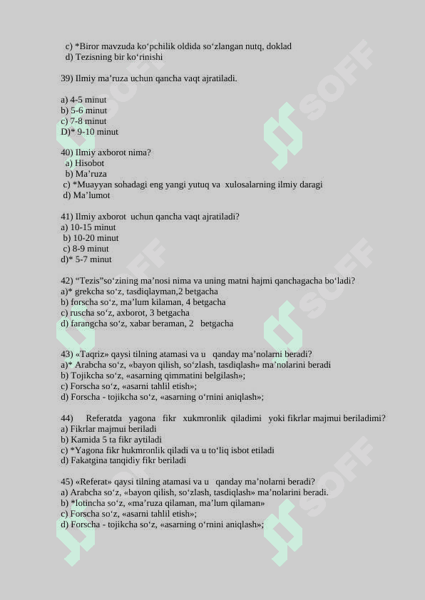 O‘ZBEK TILINING SOHADA QO‘LLANILISHI  FANIDAN TEST SAVOLLARI 6