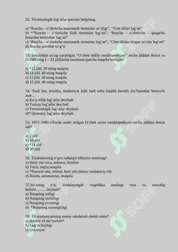 O‘ZBEK TILINING SOHADA QO‘LLANILISHI  FANIDAN TEST SAVOLLARI 8