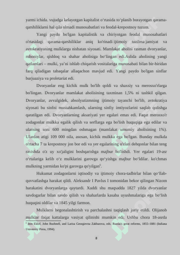 XIX asrning 2 yarmida Rossiyaning ichki siyosiy hayotida bo'lgan 8