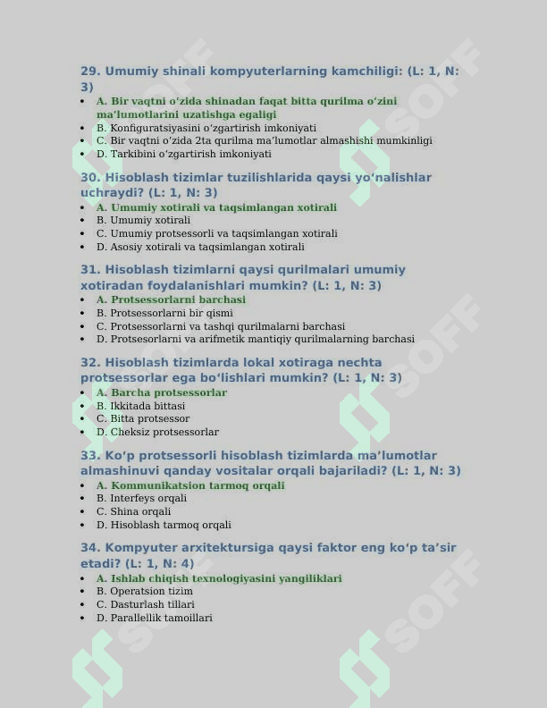 Kompyuter tashkillashtirish fanidan yakuniy baza savollari. TATU. 6
