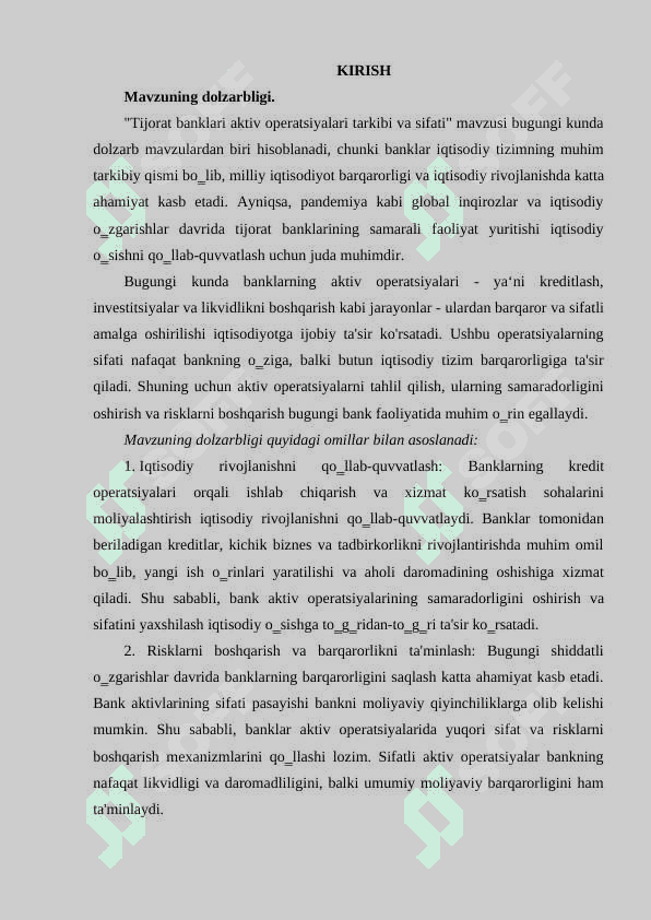 Tijorat banklari aktiv operatsiyalari tarkibi va sifati 3