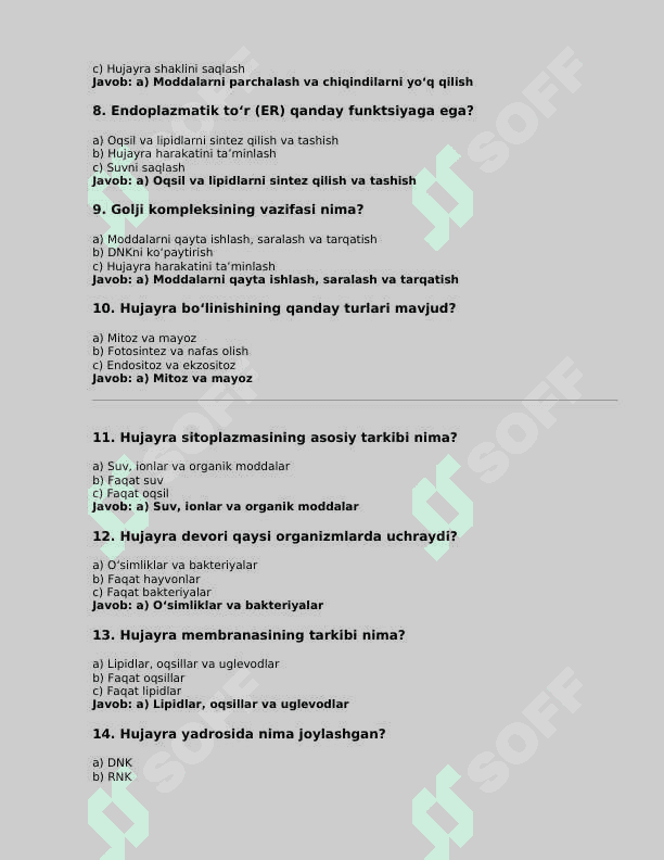 Hujayra biologiyasi bo'yicha testlar (150 ta test) 2