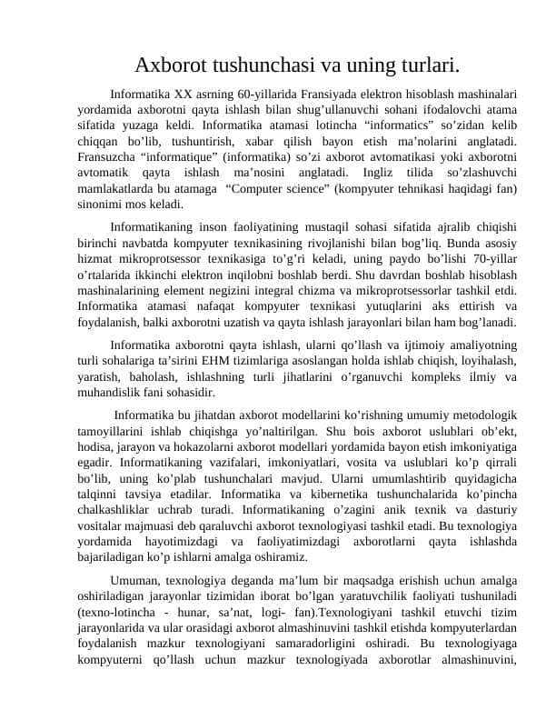 Axborot tushunchasi va uning turlari.