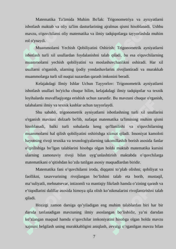 Trigonometrik ayniyatlarni isbotlashning turli xil usullari. 7