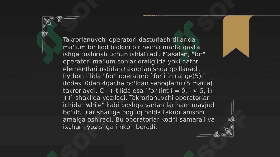 Python dasturlash tilida takrorlanuvchi operatorlar 4