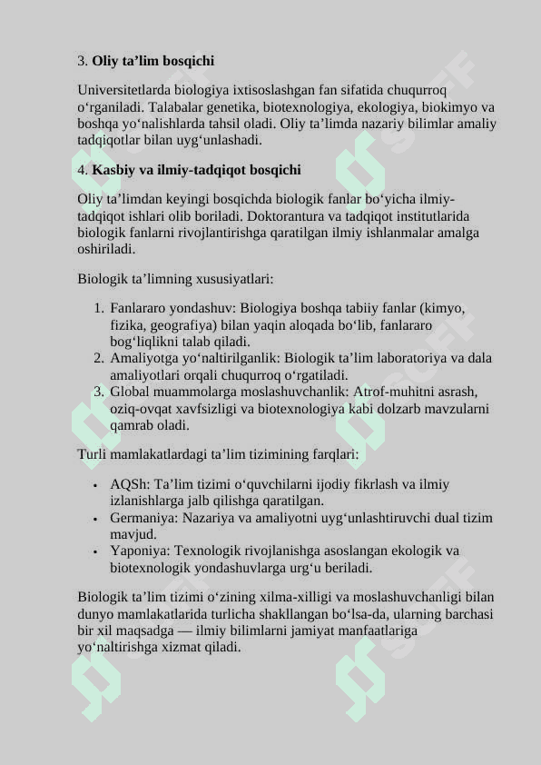 CHET ELLARDAGi  BIOLOGIK TA'LIMNING ÓZIGA XOSLIGI referat 6