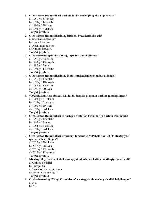 O'zbekistonning eng yangi tarixi fanidan testlar 100