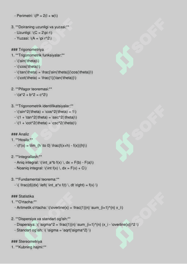 MATEMATIKA FORMULALAR TOʻPLAMI 2